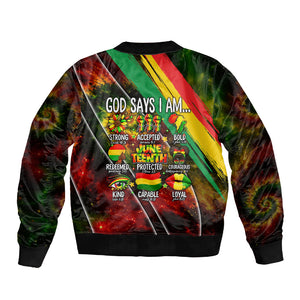 Juneteenth God Says I Am Christian Freedom Sleeve Zip Bomber Jacket Pan African Flag Colors Tie Dye Galaxy