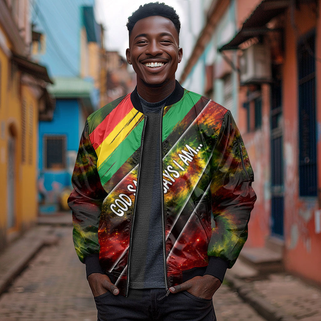Juneteenth God Says I Am Christian Freedom Sleeve Zip Bomber Jacket Pan African Flag Colors Tie Dye Galaxy
