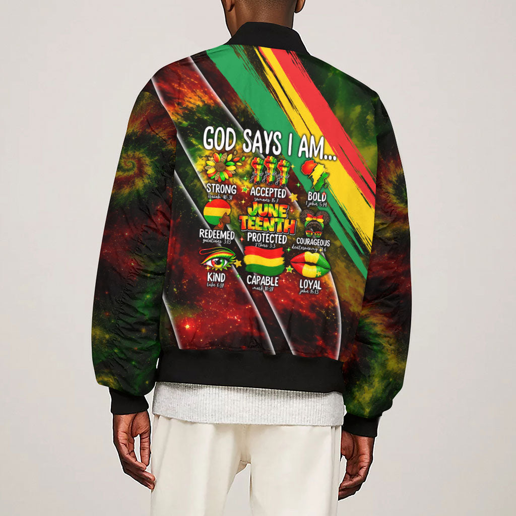 Juneteenth God Says I Am Christian Freedom Sleeve Zip Bomber Jacket Pan African Flag Colors Tie Dye Galaxy