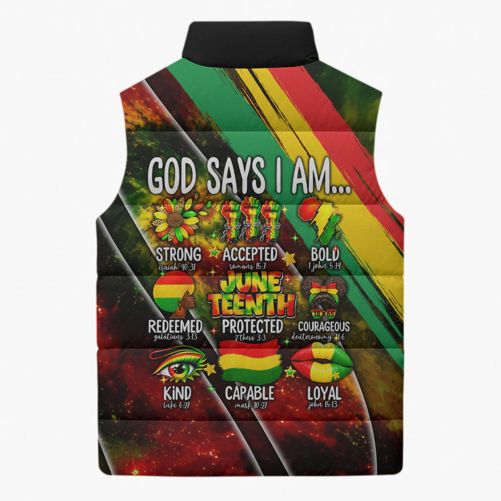 Juneteenth God Says I Am Christian Freedom Sleeveless Puffer Jacket Pan African Flag Colors Tie Dye Galaxy