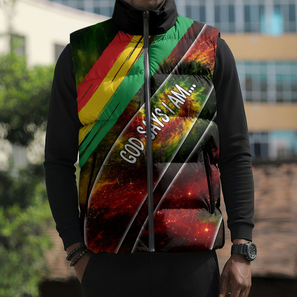 Juneteenth God Says I Am Christian Freedom Sleeveless Puffer Jacket Pan African Flag Colors Tie Dye Galaxy