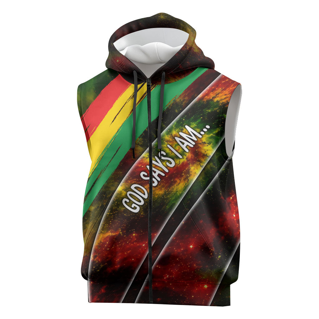 Juneteenth God Says I Am Christian Freedom Sleeveless Zip Hoodie Pan African Flag Colors Tie Dye Galaxy