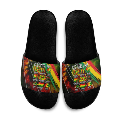 Juneteenth God Says I Am Christian Freedom Slide Sandals Pan African Flag Colors Tie Dye Galaxy