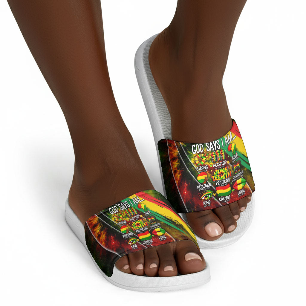 Juneteenth God Says I Am Christian Freedom Slide Sandals Pan African Flag Colors Tie Dye Galaxy