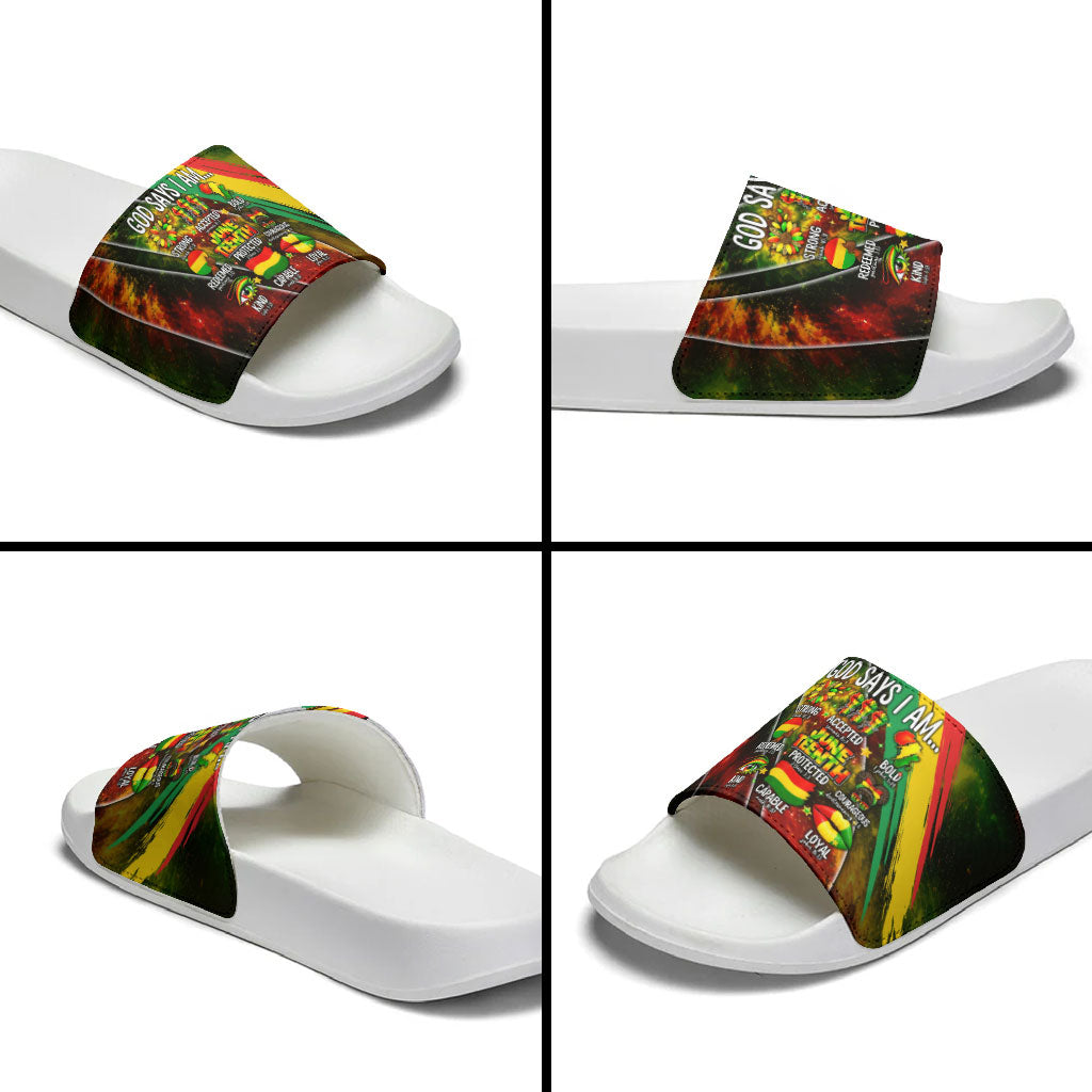 Juneteenth God Says I Am Christian Freedom Slide Sandals Pan African Flag Colors Tie Dye Galaxy