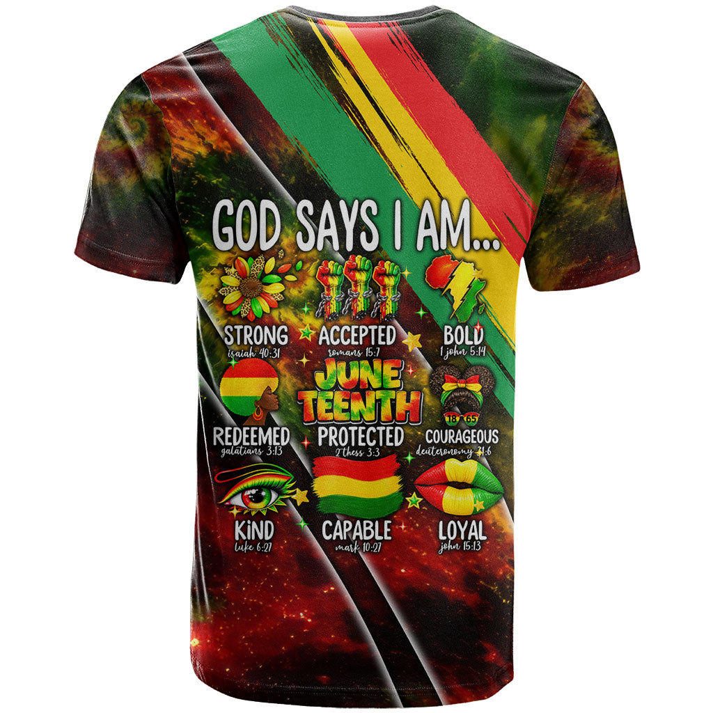 Juneteenth God Says I Am Christian Freedom T shirt Pan African Flag Colors Tie Dye Galaxy