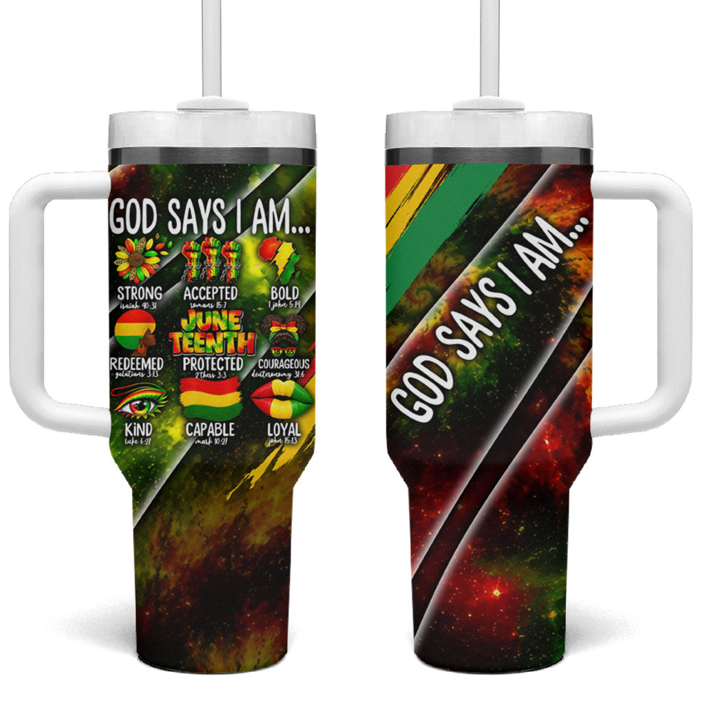Juneteenth God Says I Am Christian Freedom Tumbler With Handle Pan African Flag Colors Tie Dye Galaxy