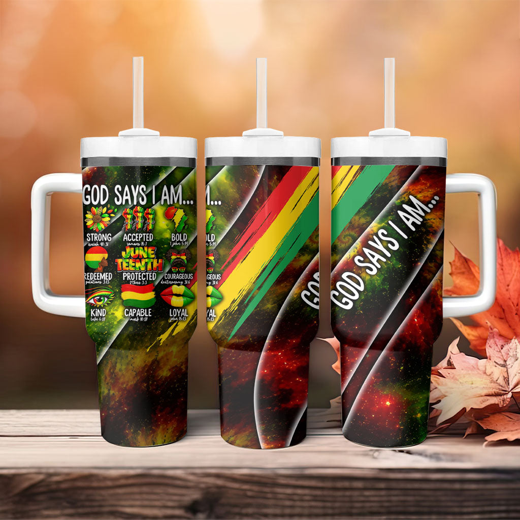 Juneteenth God Says I Am Christian Freedom Tumbler With Handle Pan African Flag Colors Tie Dye Galaxy