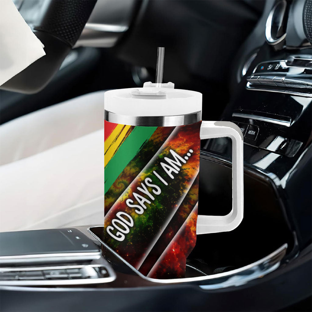 Juneteenth God Says I Am Christian Freedom Tumbler With Handle Pan African Flag Colors Tie Dye Galaxy