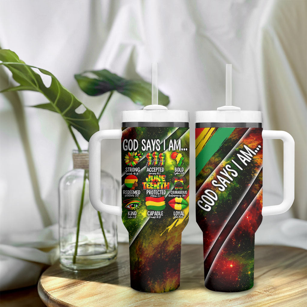 Juneteenth God Says I Am Christian Freedom Tumbler With Handle Pan African Flag Colors Tie Dye Galaxy