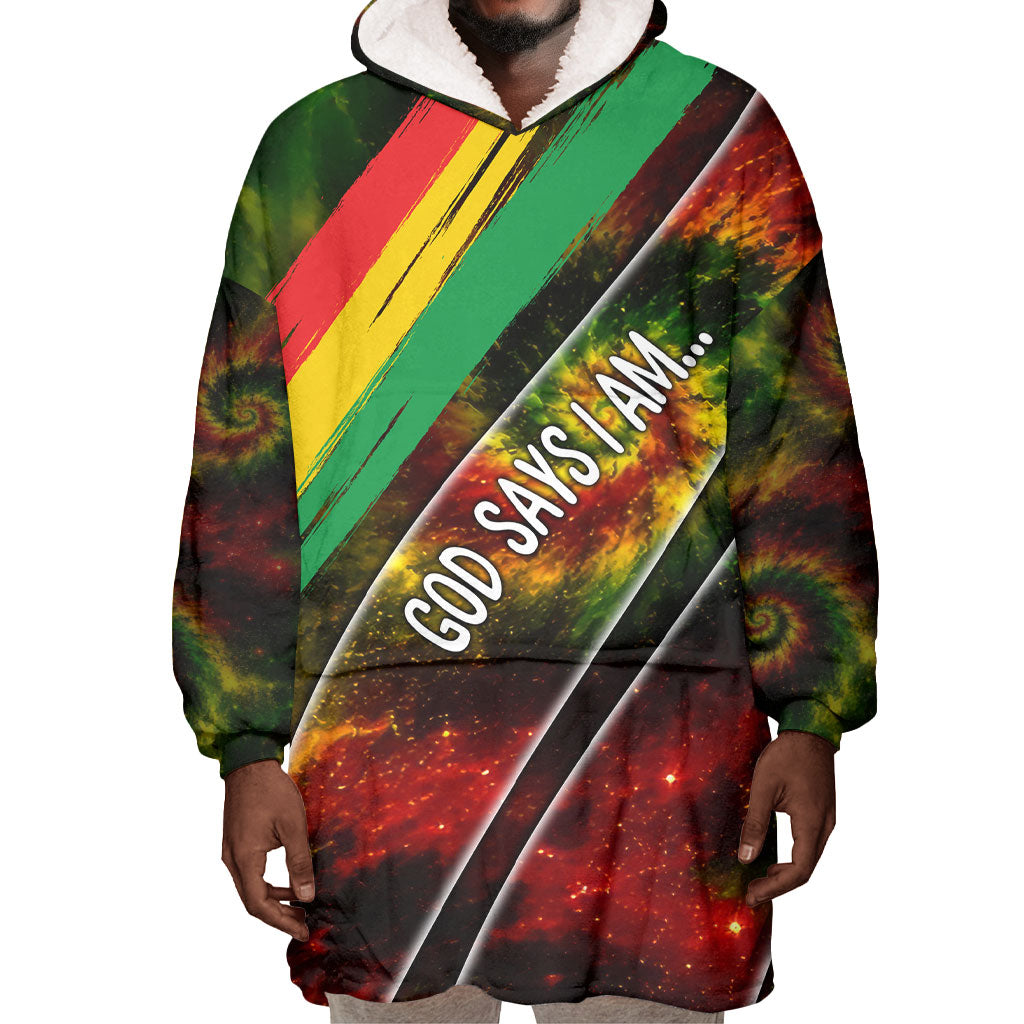 Juneteenth God Says I Am Christian Freedom Wearable Blanket Hoodie Pan African Flag Colors Tie Dye Galaxy