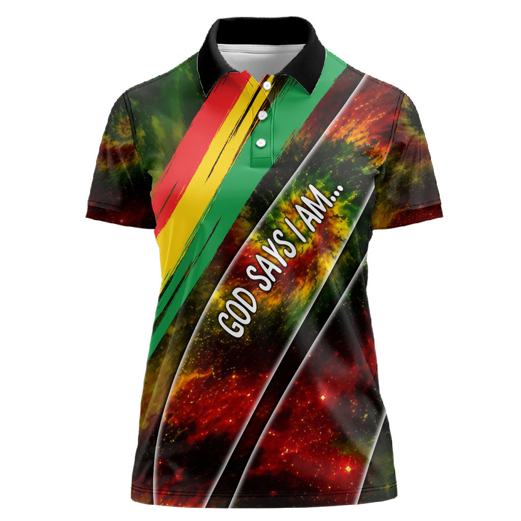 Juneteenth God Says I Am Christian Freedom Women Polo Shirt Pan African Flag Colors Tie Dye Galaxy