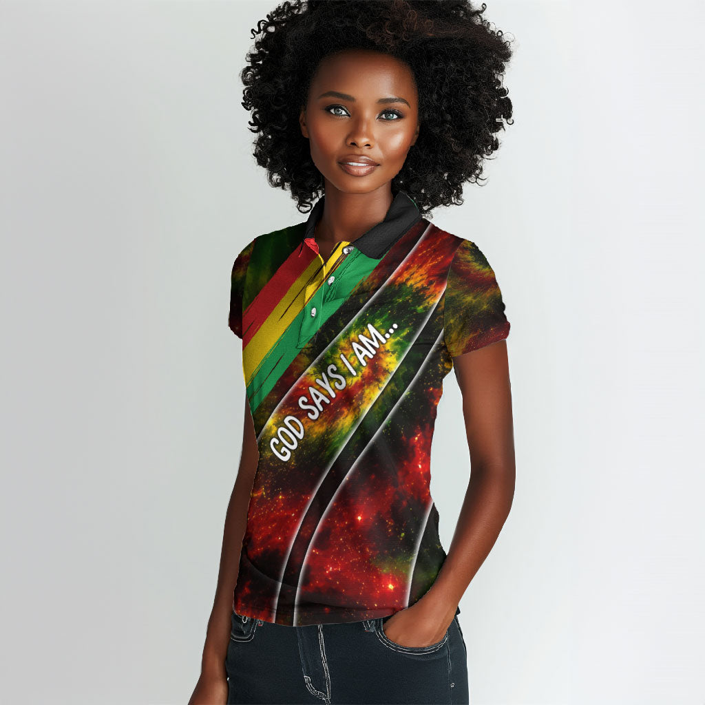Juneteenth God Says I Am Christian Freedom Women Polo Shirt Pan African Flag Colors Tie Dye Galaxy