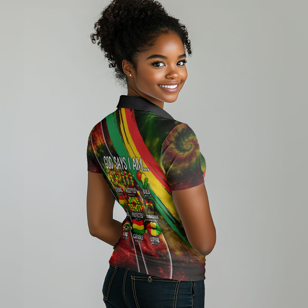 Juneteenth God Says I Am Christian Freedom Women Polo Shirt Pan African Flag Colors Tie Dye Galaxy