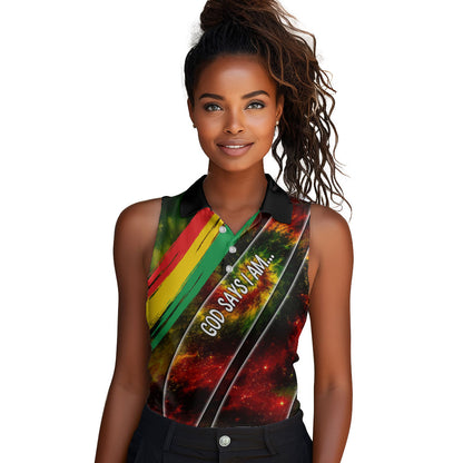 Juneteenth God Says I Am Christian Freedom Women Sleeveless Polo Shirt Pan African Flag Colors Tie Dye Galaxy