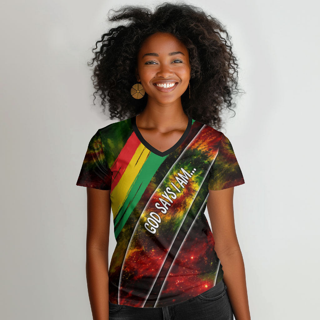 Juneteenth God Says I Am Christian Freedom Women V-Neck T-Shirt Pan African Flag Colors Tie Dye Galaxy
