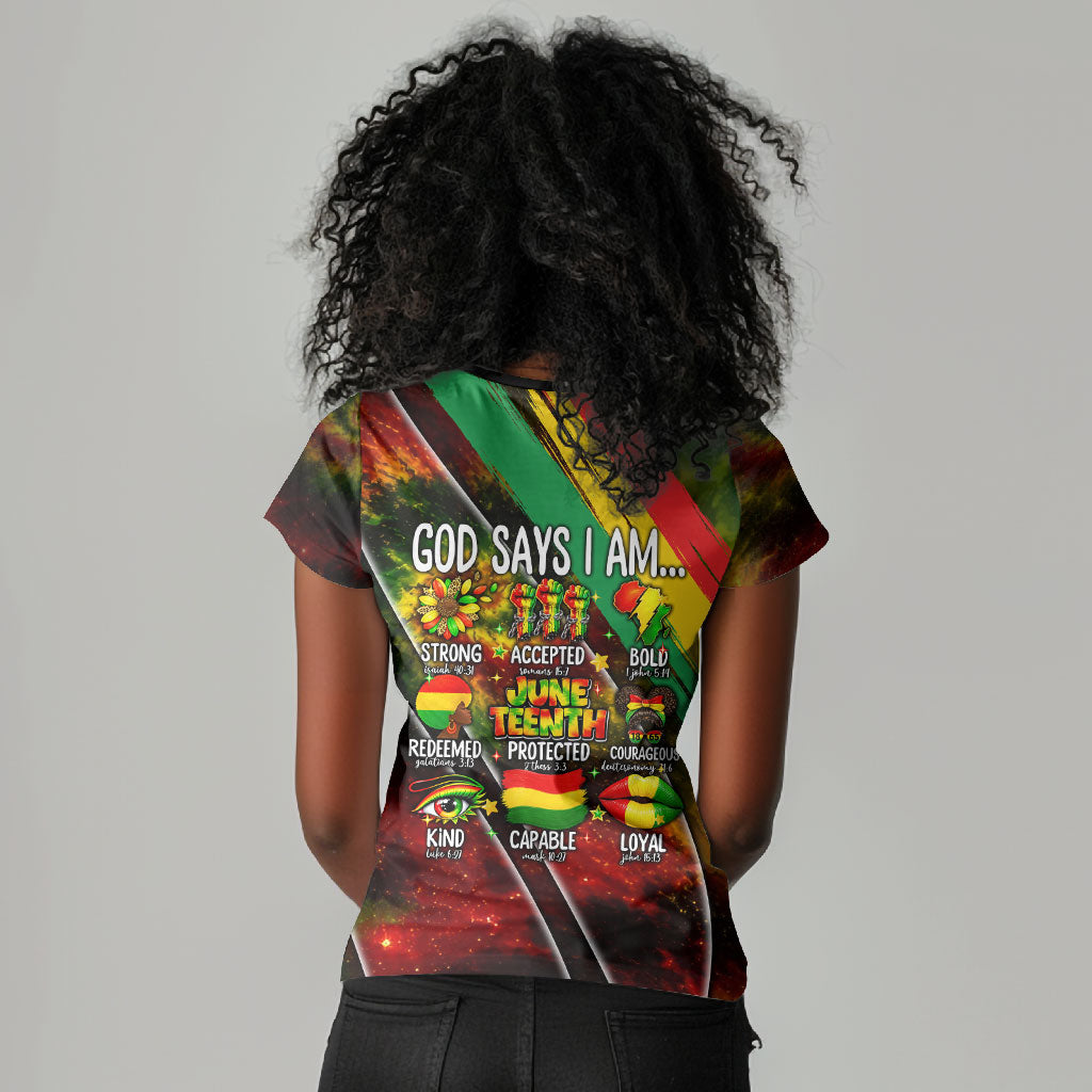 Juneteenth God Says I Am Christian Freedom Women V-Neck T-Shirt Pan African Flag Colors Tie Dye Galaxy