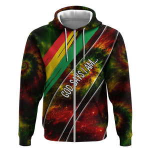 Juneteenth God Says I Am Christian Freedom Zip Hoodie Pan African Flag Colors Tie Dye Galaxy