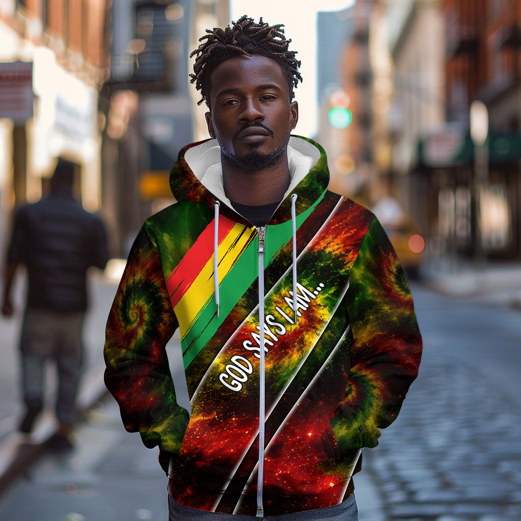 Juneteenth God Says I Am Christian Freedom Zip Hoodie Pan African Flag Colors Tie Dye Galaxy