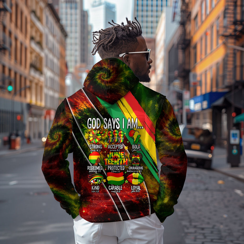 Juneteenth God Says I Am Christian Freedom Zip Hoodie Pan African Flag Colors Tie Dye Galaxy