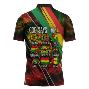 Juneteenth God Says I Am Christian Freedom Zipper Polo Shirt Pan African Flag Colors Tie Dye Galaxy