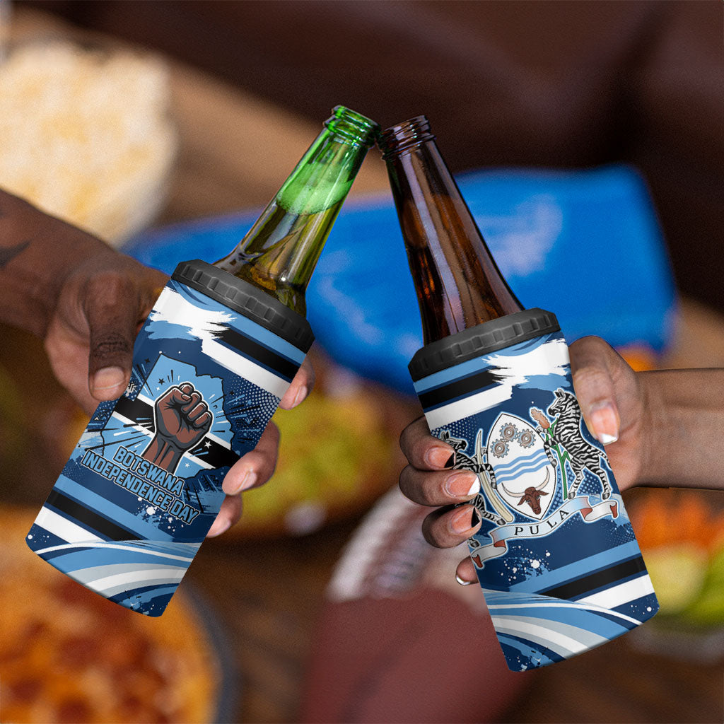 Botswana Independence Day 4 in 1 Can Cooler Tumbler Raised Fist Map Graphic With National Coat Of Arms