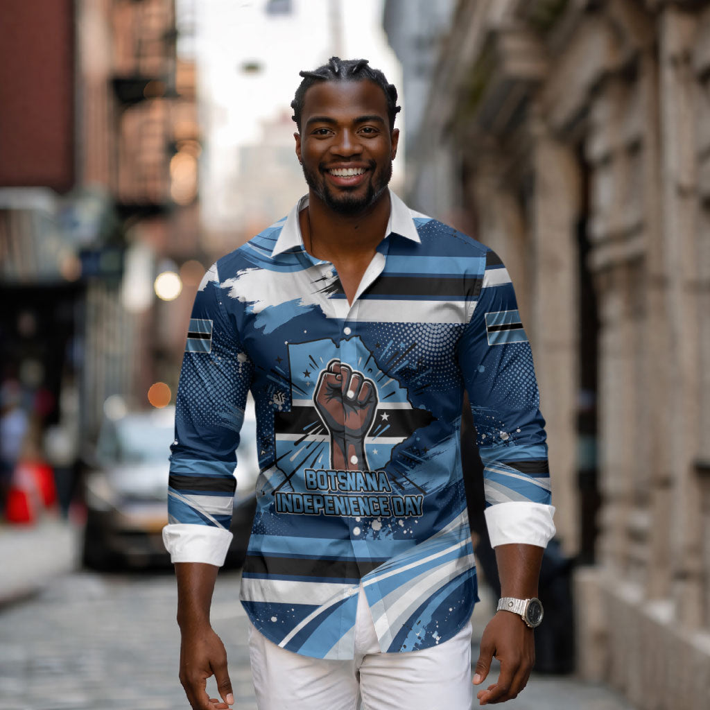 Botswana Independence Day Long Sleeve Button Shirt Raised Fist Map Graphic With National Coat Of Arms