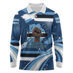 Botswana Independence Day Long Sleeve Polo Shirt Raised Fist Map Graphic With National Coat Of Arms