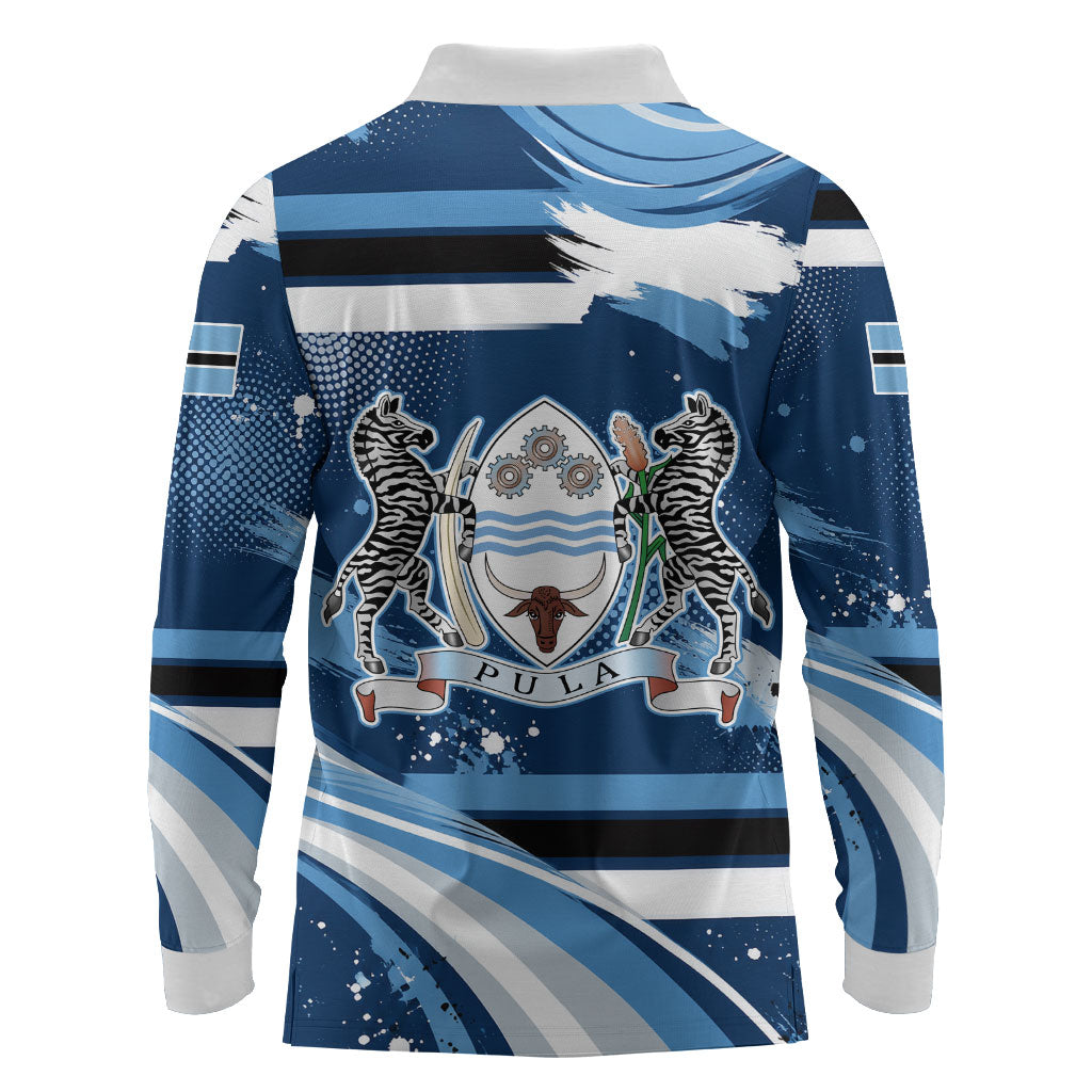 Botswana Independence Day Long Sleeve Polo Shirt Raised Fist Map Graphic With National Coat Of Arms