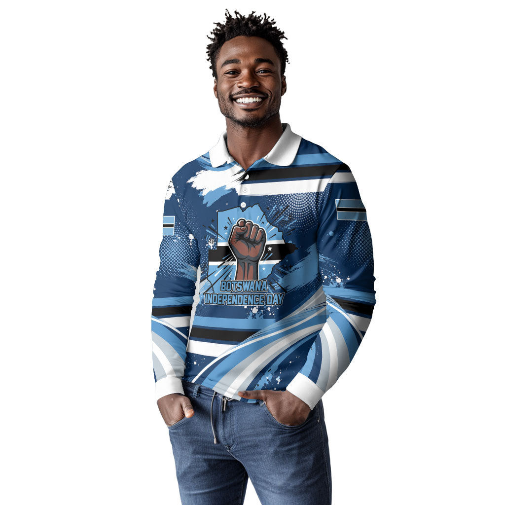 Botswana Independence Day Long Sleeve Polo Shirt Raised Fist Map Graphic With National Coat Of Arms