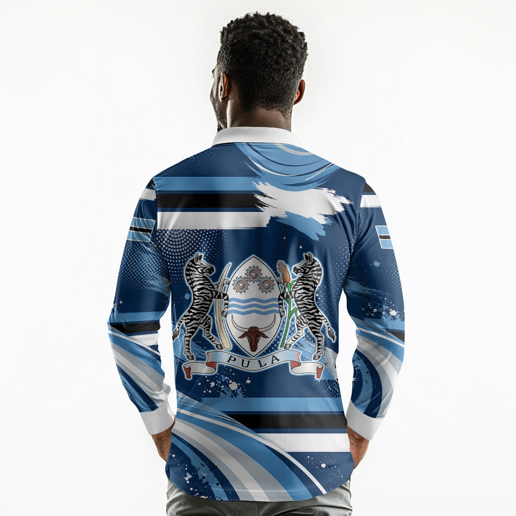 Botswana Independence Day Long Sleeve Polo Shirt Raised Fist Map Graphic With National Coat Of Arms