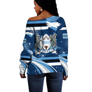 Botswana Independence Day Off Shoulder Sweater Raised Fist Map Graphic With National Coat Of Arms