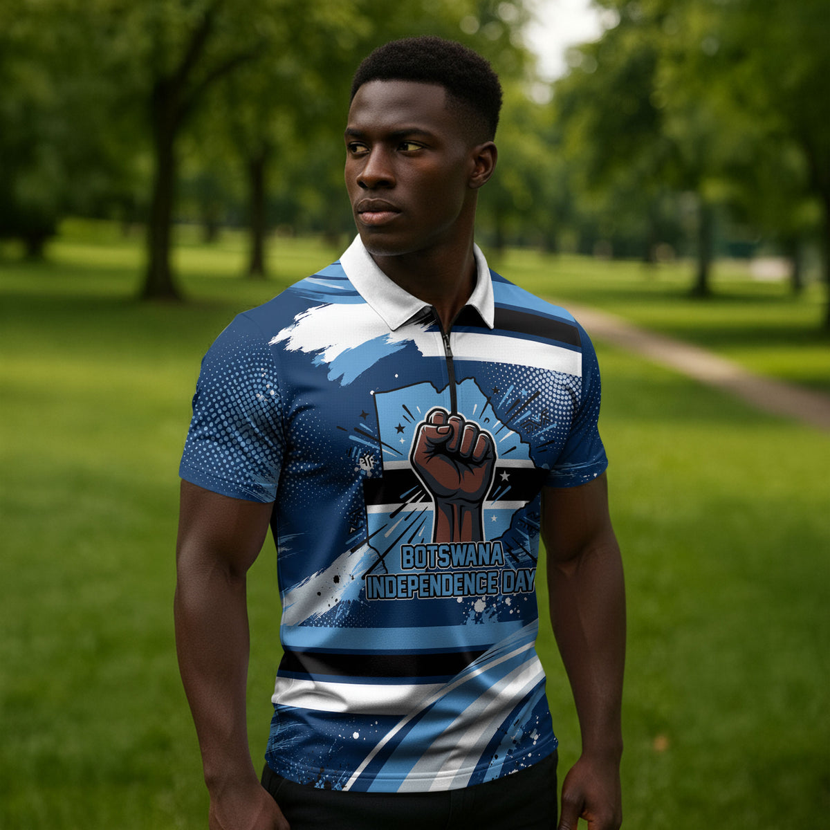 Botswana Independence Day Zipper Polo Shirt Raised Fist Map Graphic With National Coat Of Arms