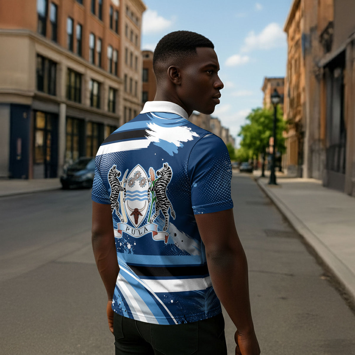 Botswana Independence Day Zipper Polo Shirt Raised Fist Map Graphic With National Coat Of Arms