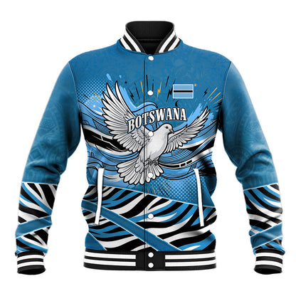 Botswana Independence Day Baseball Jacket Flying Dove Graphic Zebra Portrait Flag Map