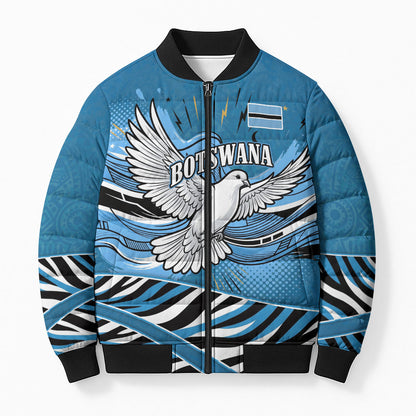 Botswana Independence Day Bomber Puffer Jacket Flying Dove Graphic Zebra Portrait Flag Map