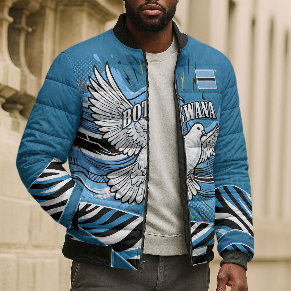 Botswana Independence Day Bomber Puffer Jacket Flying Dove Graphic Zebra Portrait Flag Map