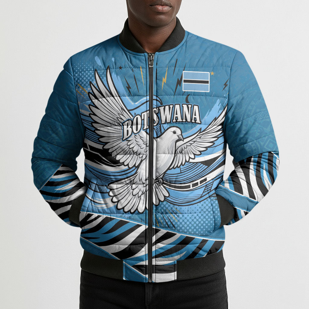 Botswana Independence Day Bomber Puffer Jacket Flying Dove Graphic Zebra Portrait Flag Map
