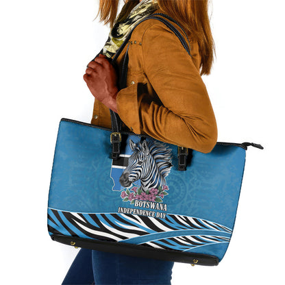 Botswana Independence Day Leather Tote Bag Flying Dove Graphic Zebra Portrait Flag Map