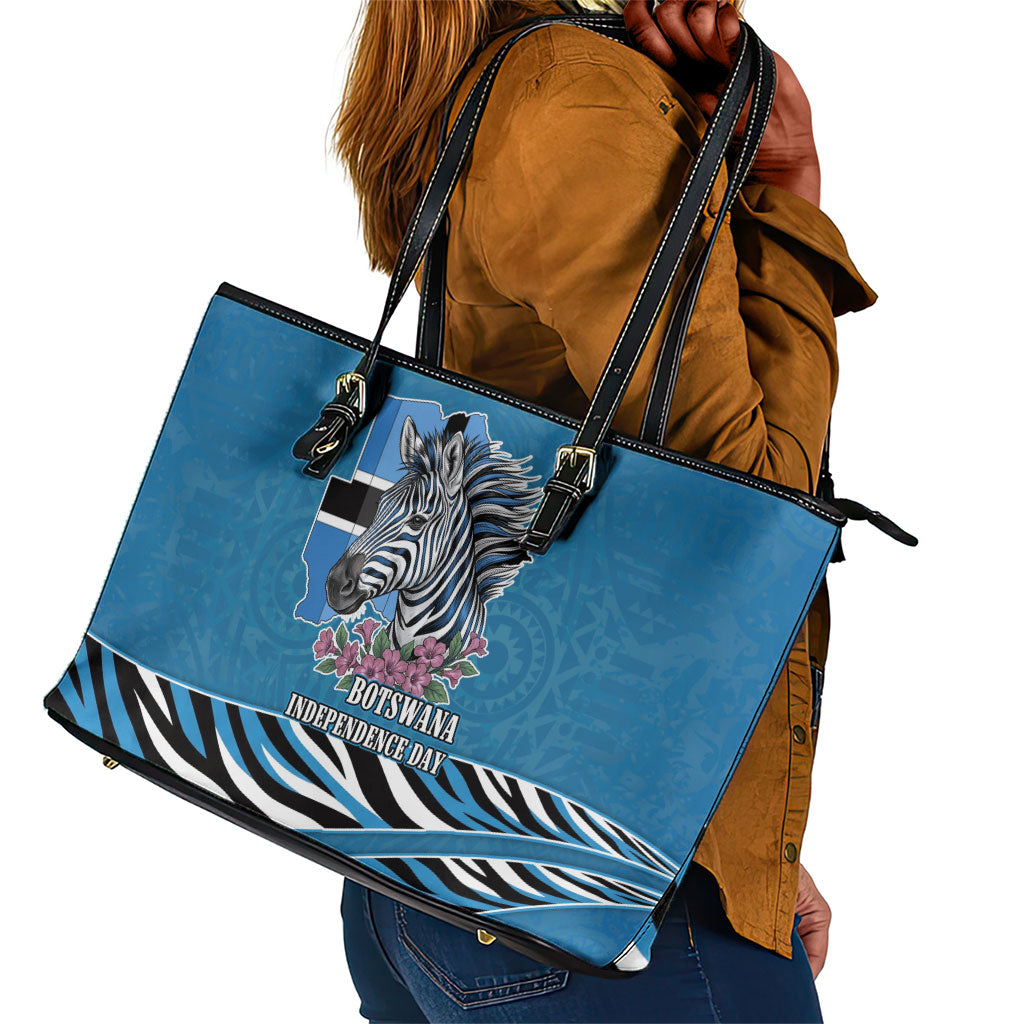 Botswana Independence Day Leather Tote Bag Flying Dove Graphic Zebra Portrait Flag Map