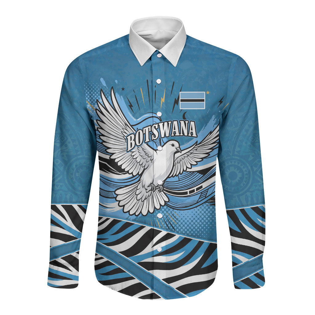 Botswana Independence Day Long Sleeve Button Shirt Flying Dove Graphic Zebra Portrait Flag Map