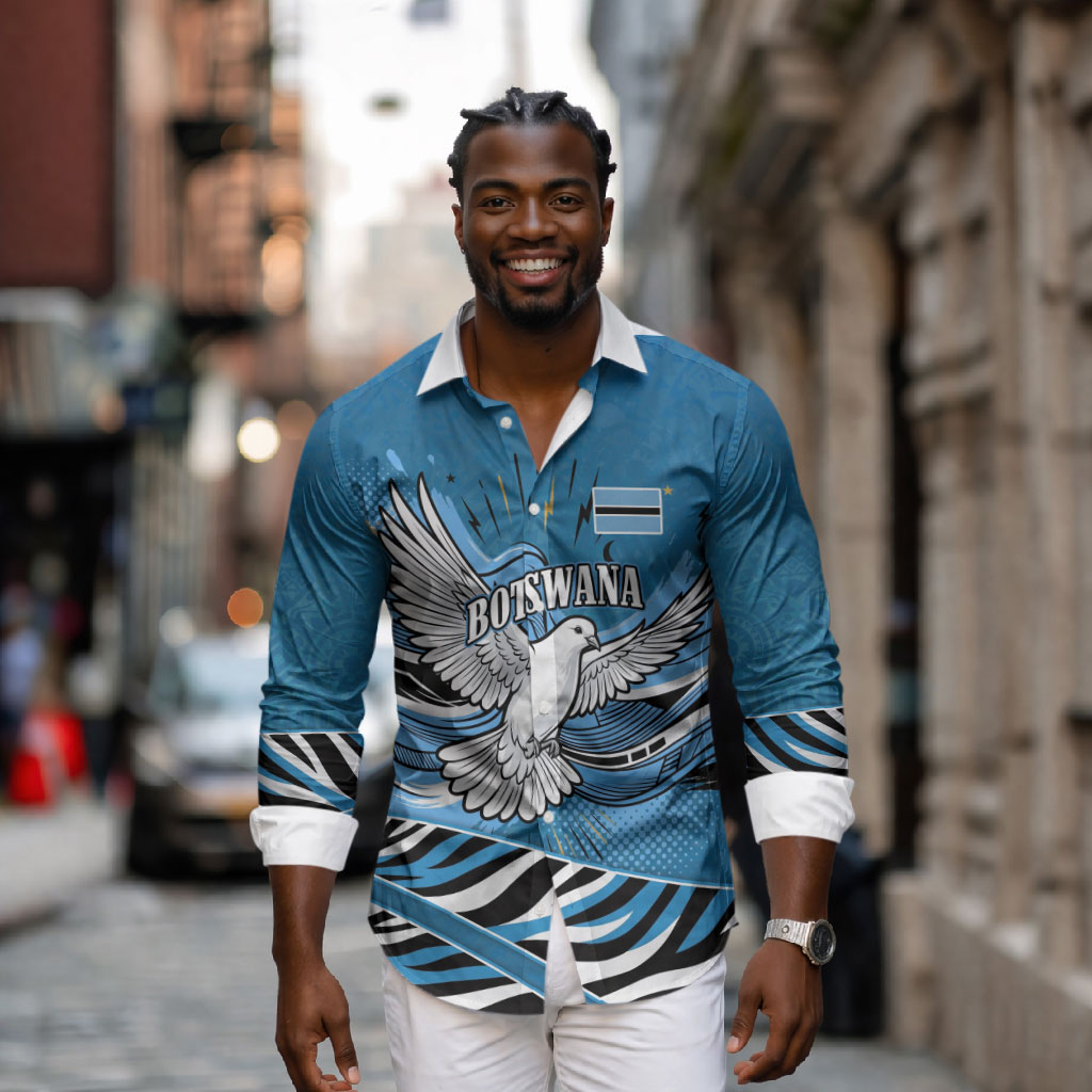 Botswana Independence Day Long Sleeve Button Shirt Flying Dove Graphic Zebra Portrait Flag Map