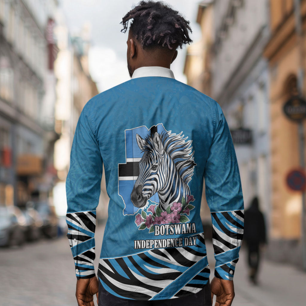 Botswana Independence Day Long Sleeve Button Shirt Flying Dove Graphic Zebra Portrait Flag Map