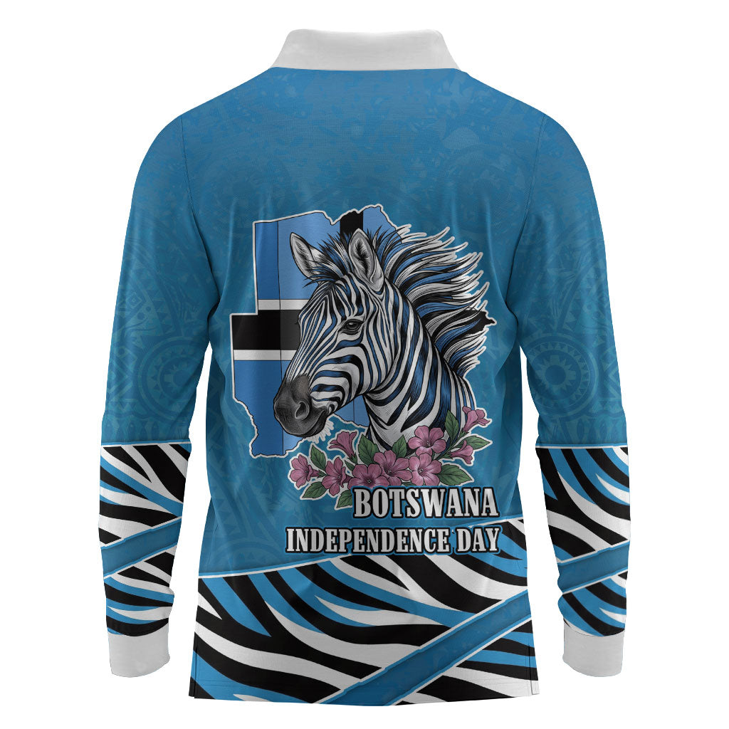 Botswana Independence Day Long Sleeve Polo Shirt Flying Dove Graphic Zebra Portrait Flag Map