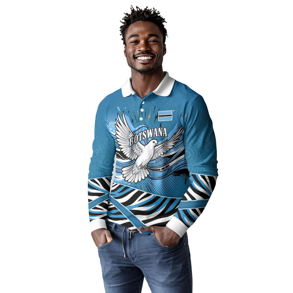 Botswana Independence Day Long Sleeve Polo Shirt Flying Dove Graphic Zebra Portrait Flag Map