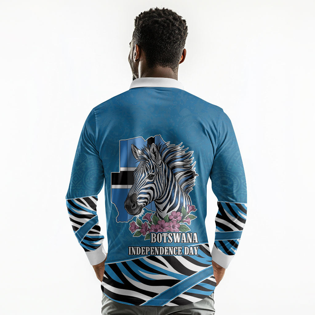 Botswana Independence Day Long Sleeve Polo Shirt Flying Dove Graphic Zebra Portrait Flag Map