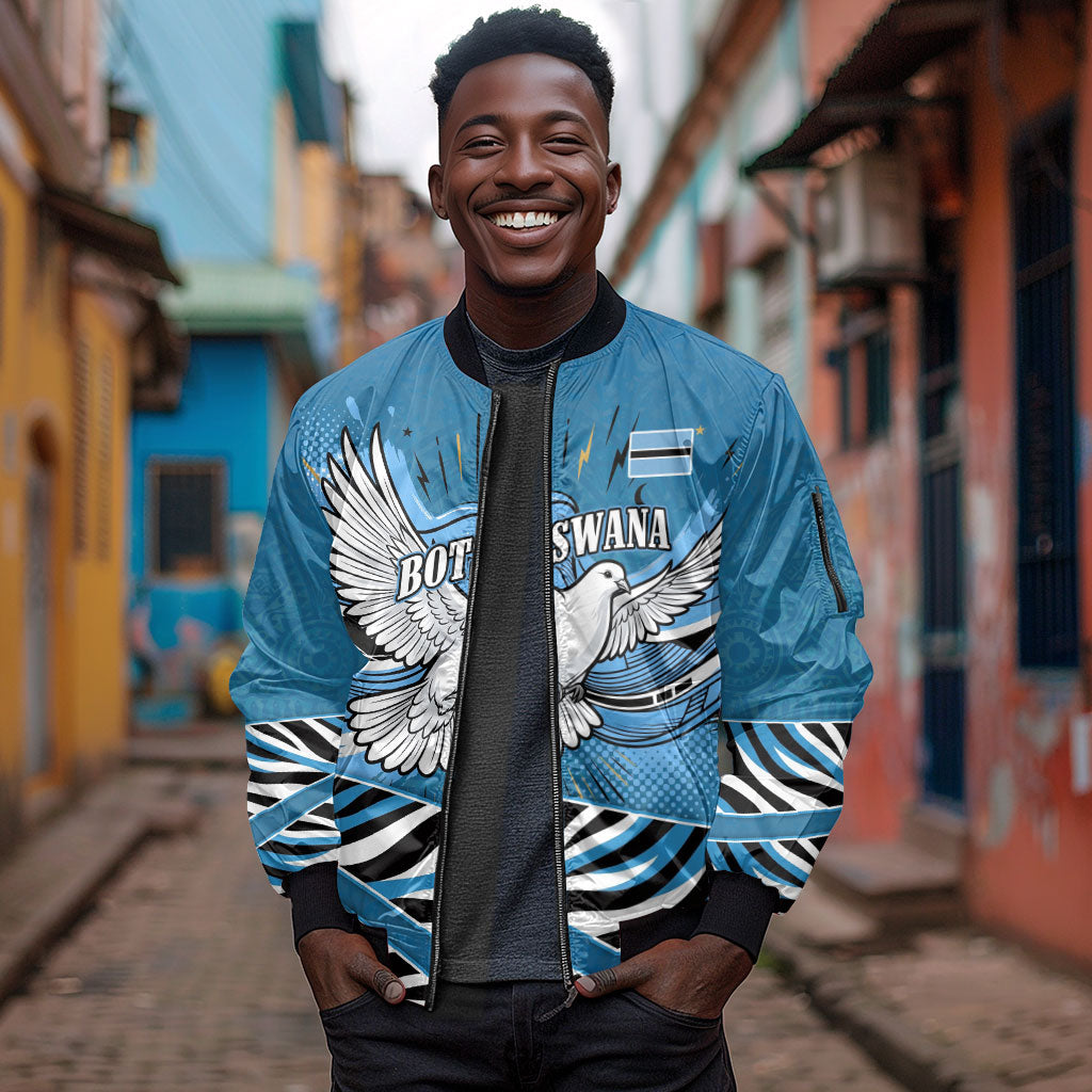 Botswana Independence Day Sleeve Zip Bomber Jacket Flying Dove Graphic Zebra Portrait Flag Map
