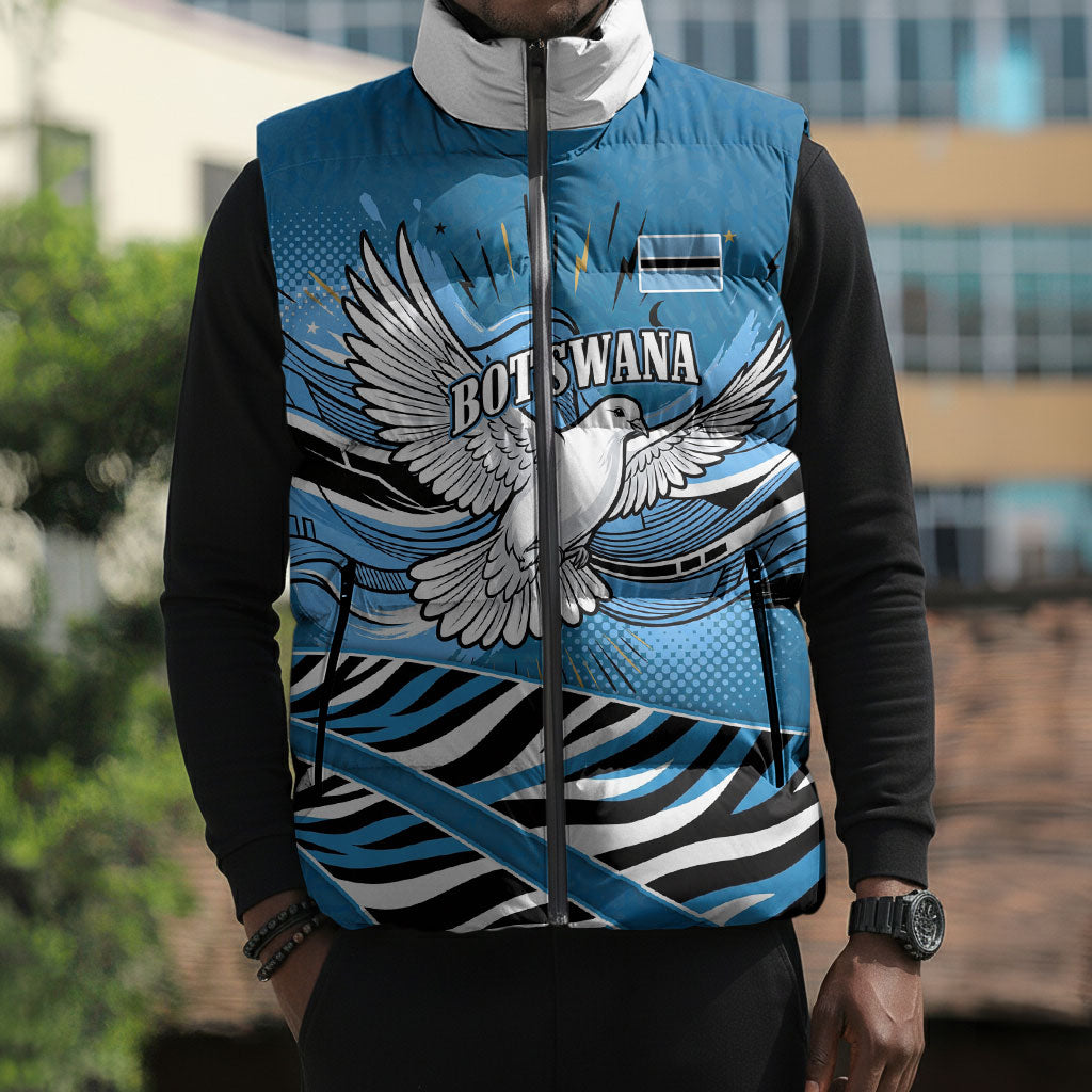 Botswana Independence Day Sleeveless Puffer Jacket Flying Dove Graphic Zebra Portrait Flag Map