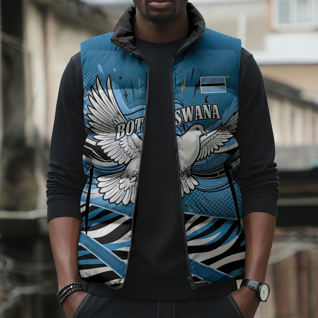 Botswana Independence Day Sleeveless Puffer Jacket Flying Dove Graphic Zebra Portrait Flag Map