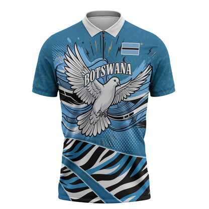 Botswana Independence Day Zipper Polo Shirt Flying Dove Graphic Zebra Portrait Flag Map